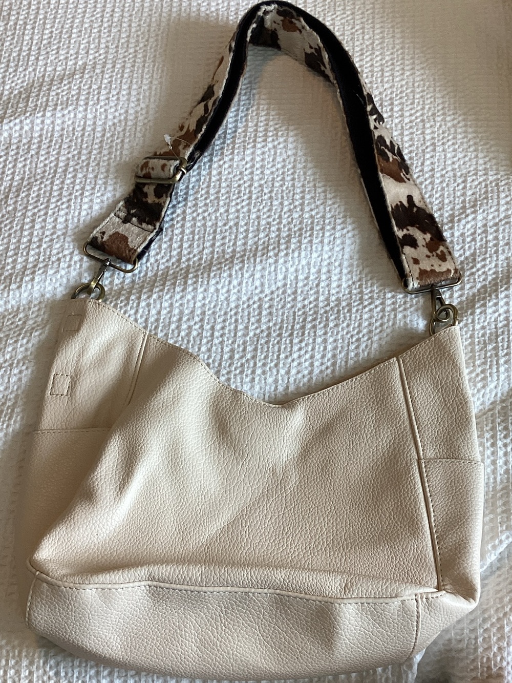 Cream Leather Hobo Bag with Cow-Print Strap